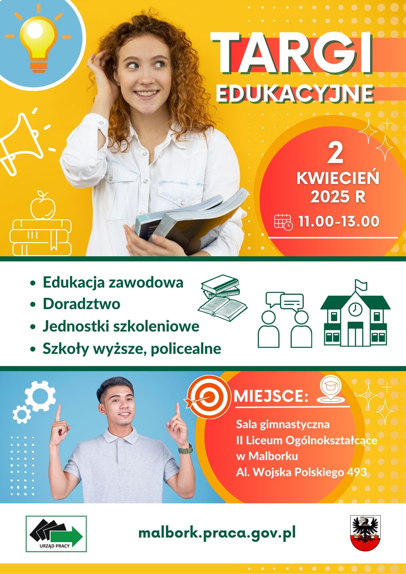 Zdjęcie ma formę plakatu i przedstawia informacje dotyczące Targów Edukacyjnych, które odbędą się 2 kwietnia br.