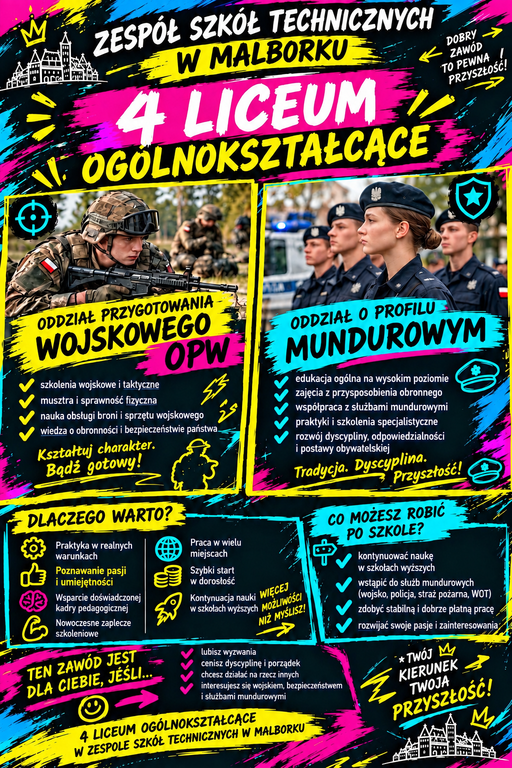 Plakat przedstawia możliwości edukacyjne w IV Liceum Ogólnokształcącym w Zespole Szkół Technicznych w Malborku 