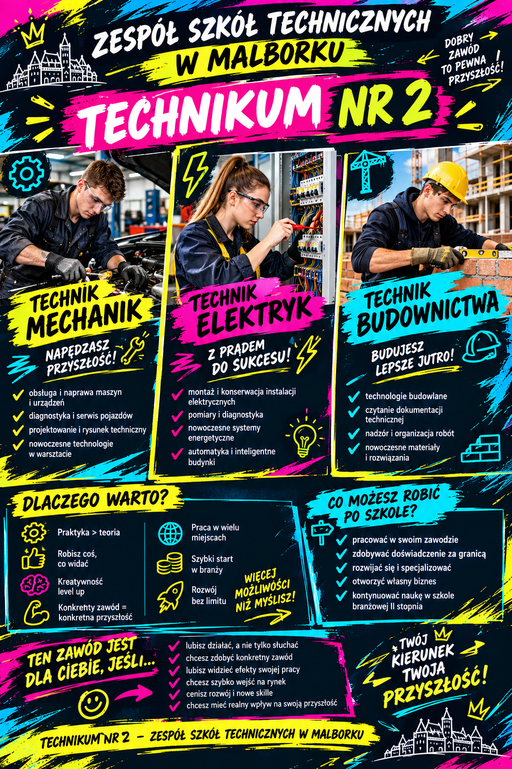 Plakat przedstawia możliwości edukacyjne w Technikum nr 2 w Zespole Szkół Technicznych w Malborku 